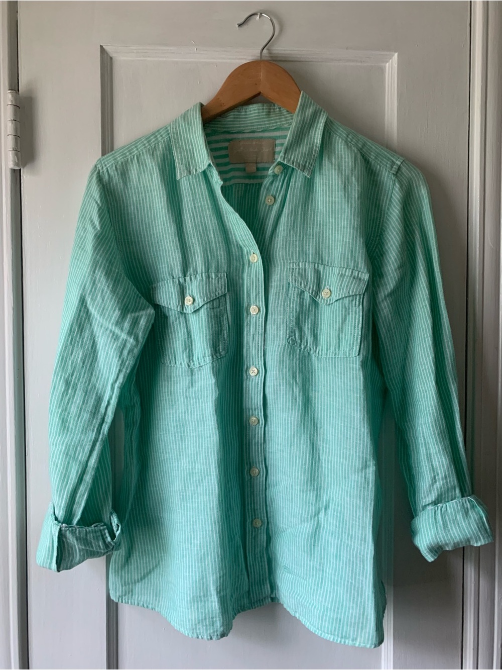 Banana Republic Soft Wash Linen Cotton Mint Green and White Pinstripe Shirt M - Picture 2 of 16